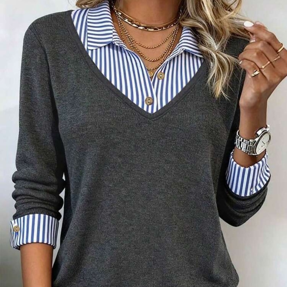 Classic Gray Blue Stripe 2 in 1 V Neck Sweater Top XS S M L XL